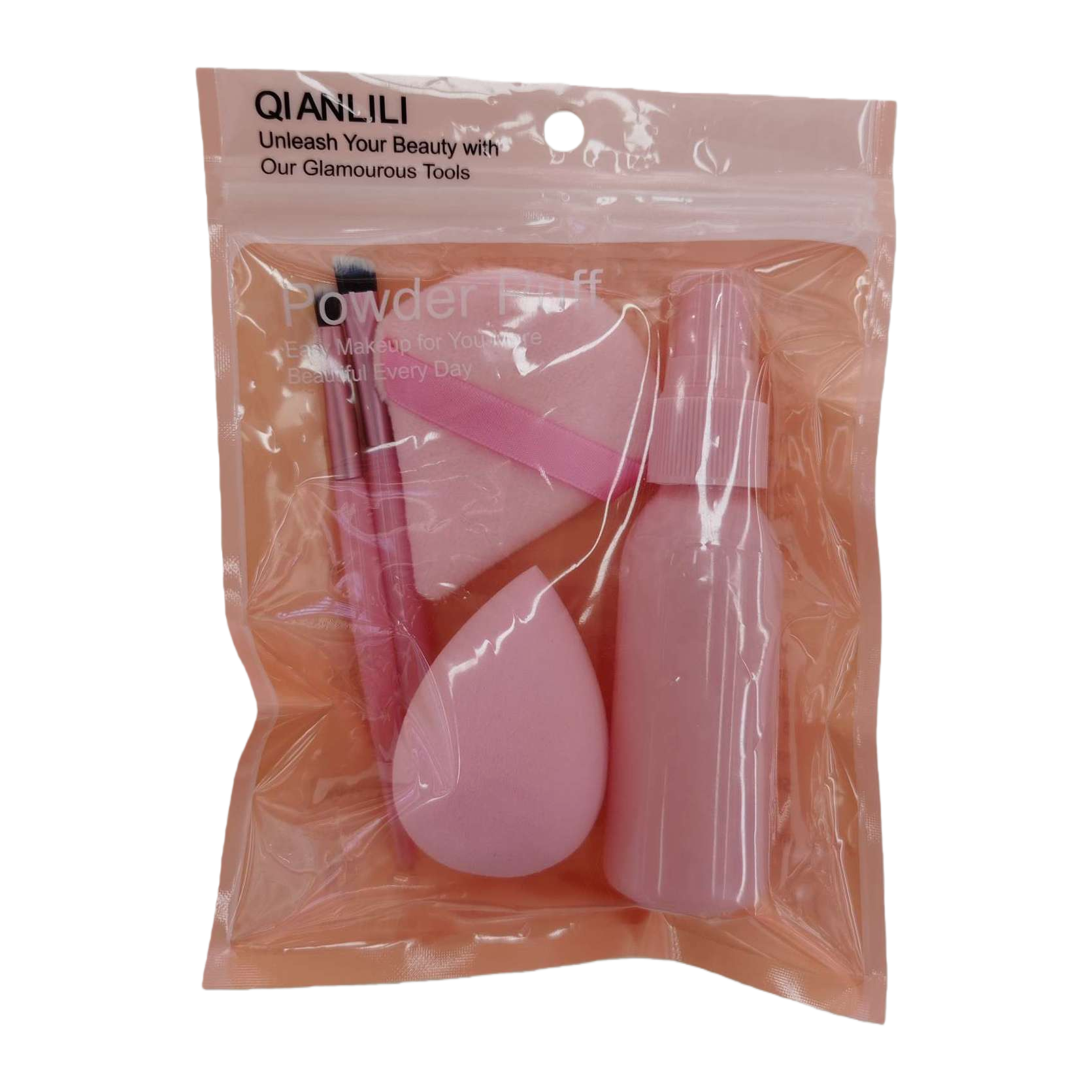 Pink makeup tool set: Powder puff, makeup brush, spray bottle 111714754 Item Picture