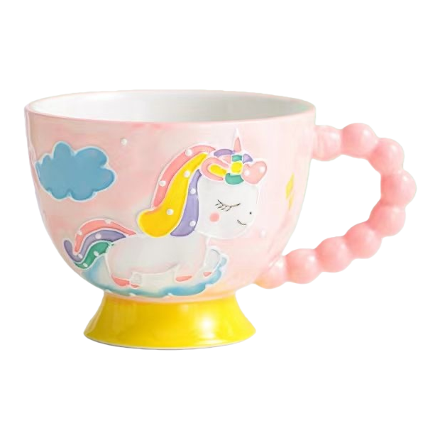 Pink and white ceramic cup, blue bead-shaped handle, flower-patterned ceramic cup, water cup Item Picture