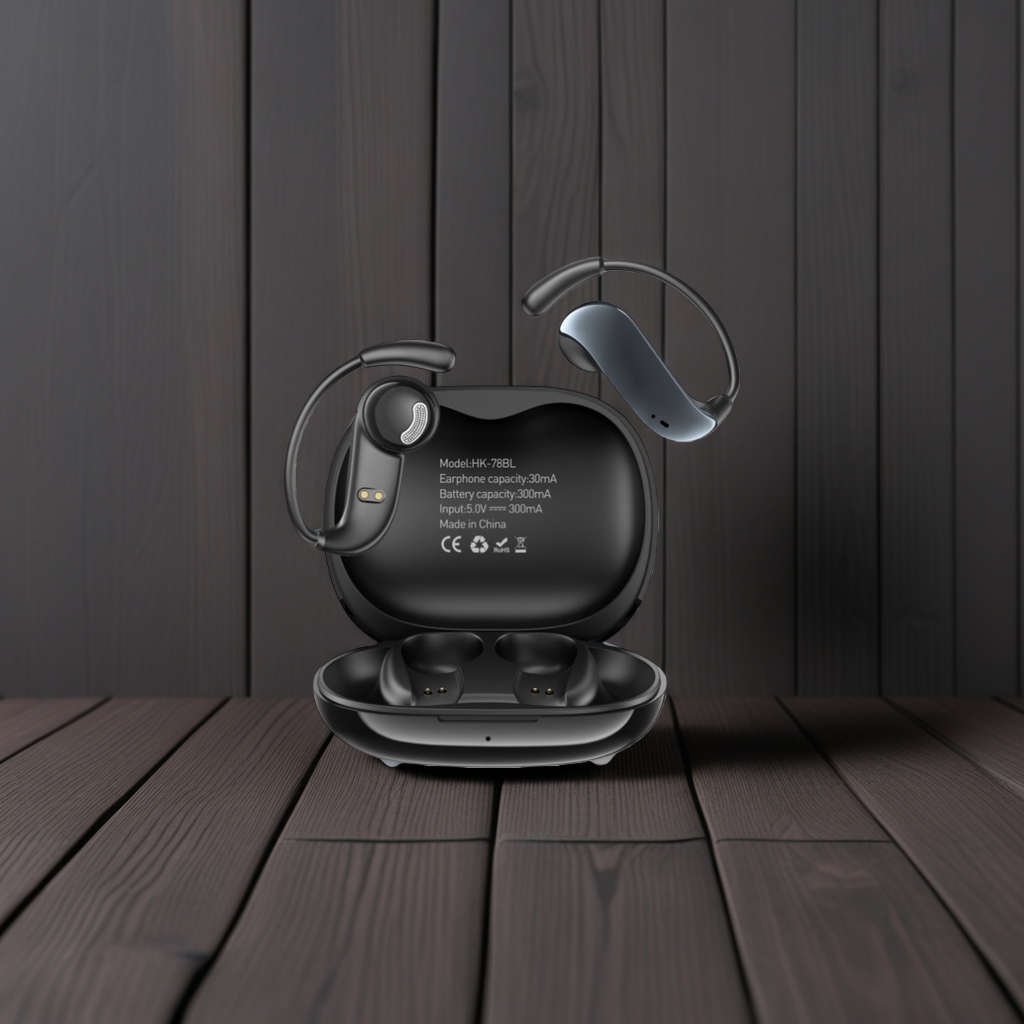 Black over-ear wireless Bluetooth headphones and charging case
