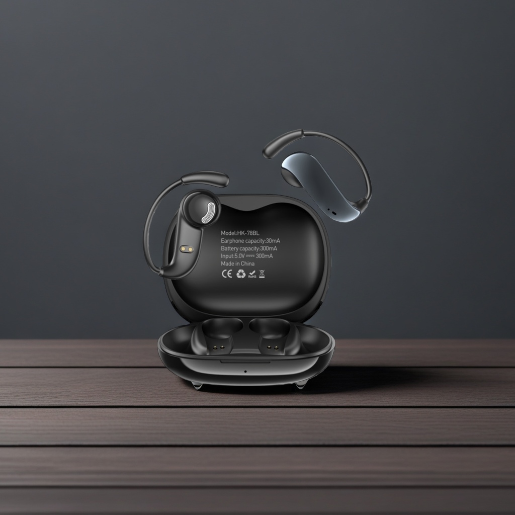 Black over-ear wireless Bluetooth headphones and charging case details Picture