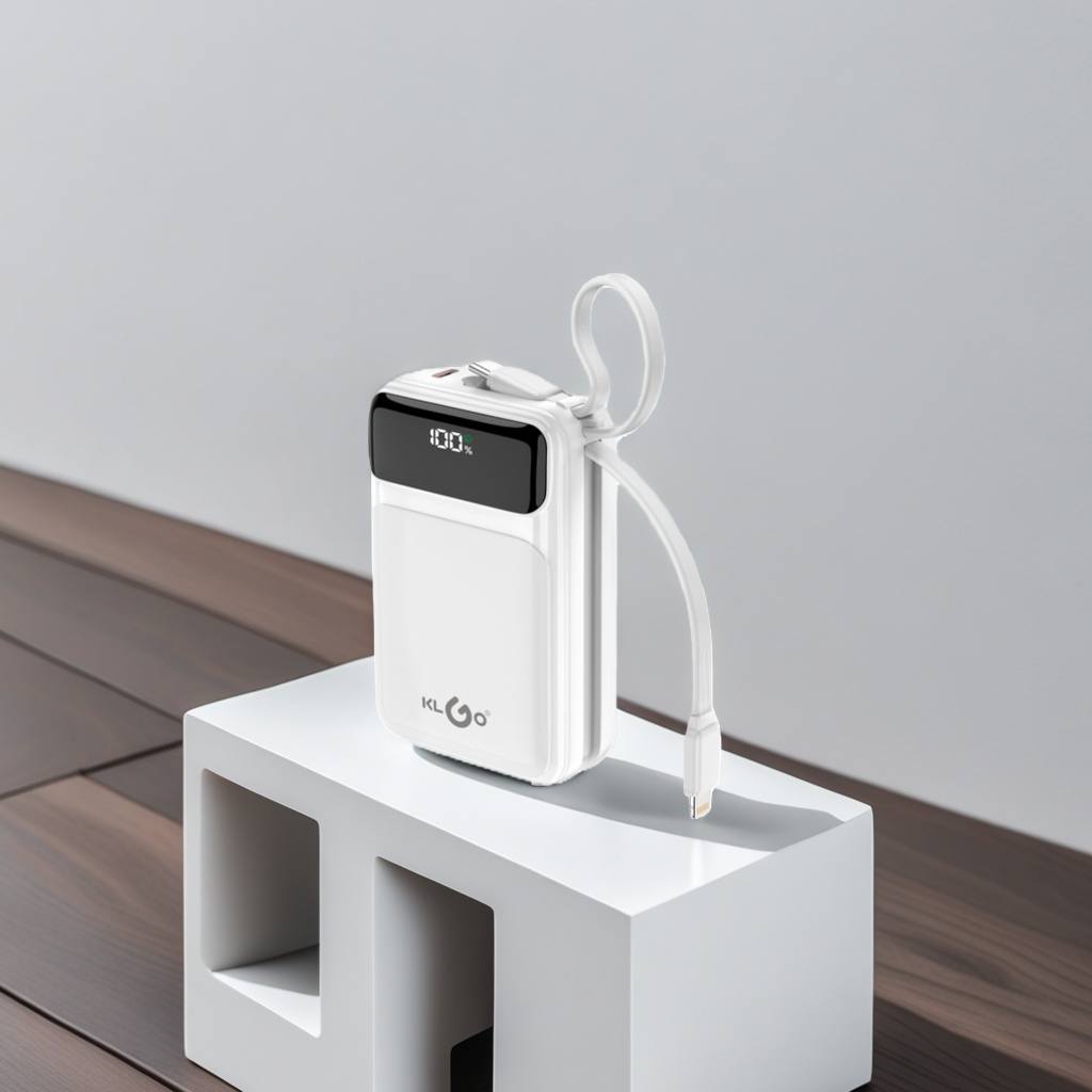 The KLGO portable white power bank comes with a display screen and a connecting cable details Picture