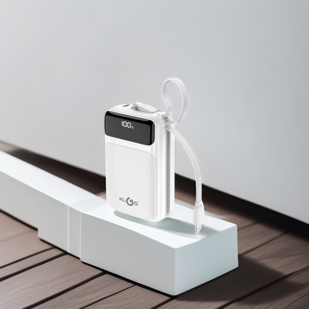 The KLGO portable white power bank comes with a display screen and a connecting cable Application Scenario