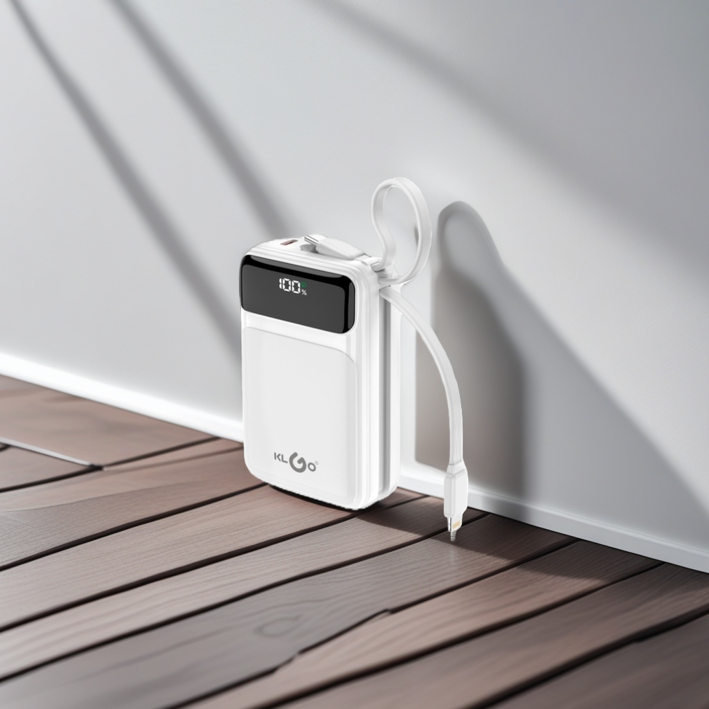 The KLGO portable white power bank comes with a display screen and a connecting cable Specification image
