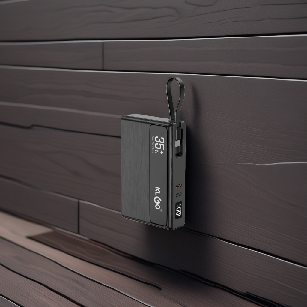 The black portable power bank has a main body with a large capacity of 20,000 mah for fast charging Specification image