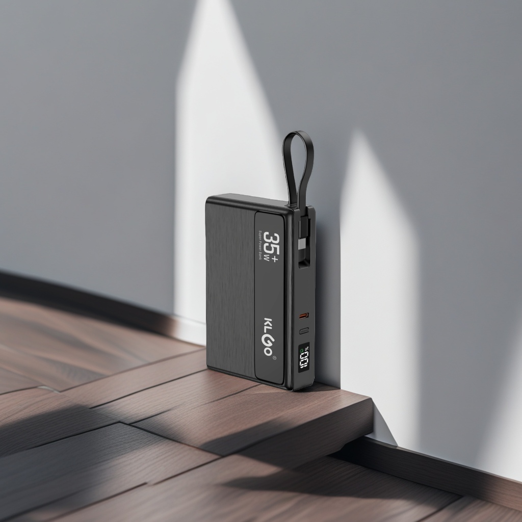 The black portable power bank has a main body with a large capacity of 20,000 mah for fast charging details Picture