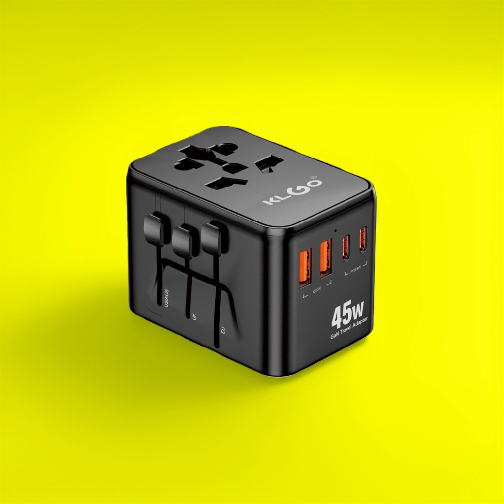 KLGO 45W GaN 黑色旅行转换插头充电器便携快速充电