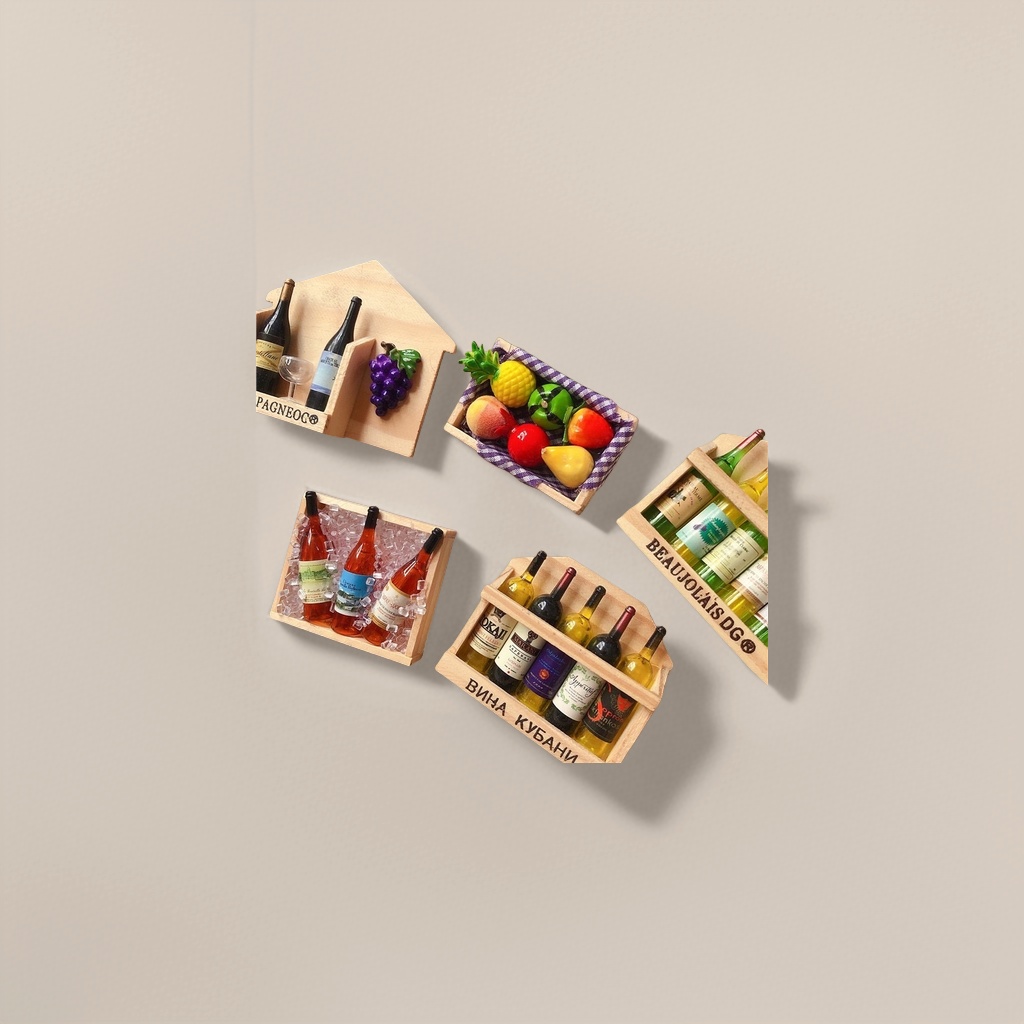 Mini wine bottles, wooden wine racks, simulated fruit wooden boxes, notebook desktop layout Application Scenario