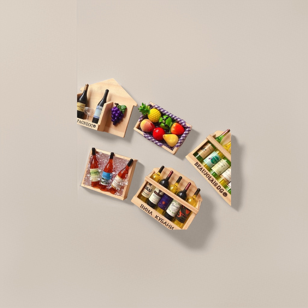 Mini wine bottles, wooden wine racks, simulated fruit wooden boxes, notebook desktop layout Specification image