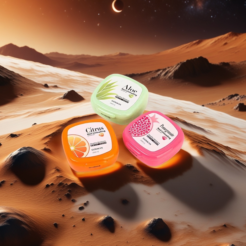 Three different scented nail polish removers: Aloe, citrus and pomegranate, gently remove stains without damaging the nails details Picture
