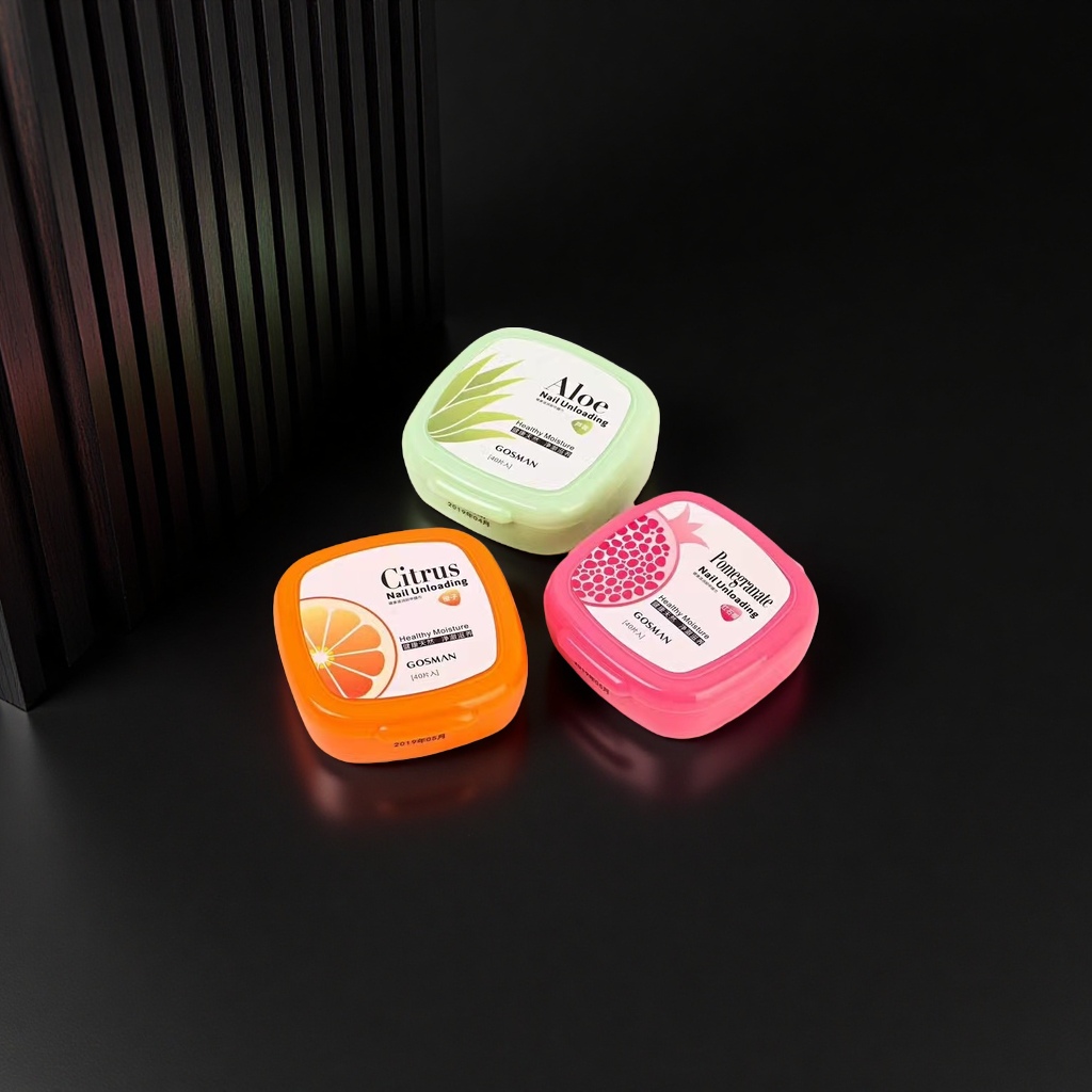 Three different scented nail polish removers: Aloe, citrus and pomegranate, gently remove stains without damaging the nails Specification image