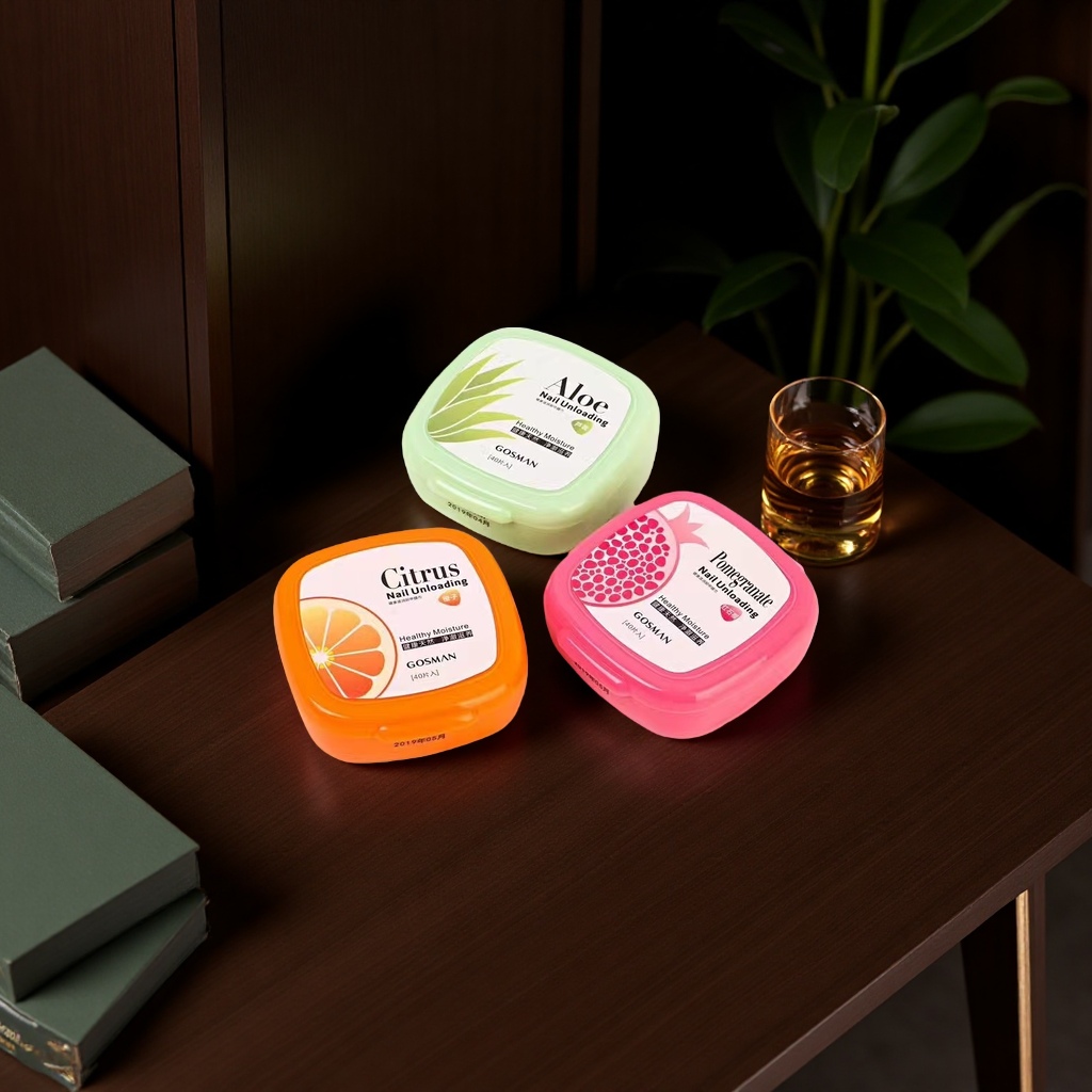 Three different scented nail polish removers: Aloe, citrus and pomegranate, gently remove stains without damaging the nails Application Scenario