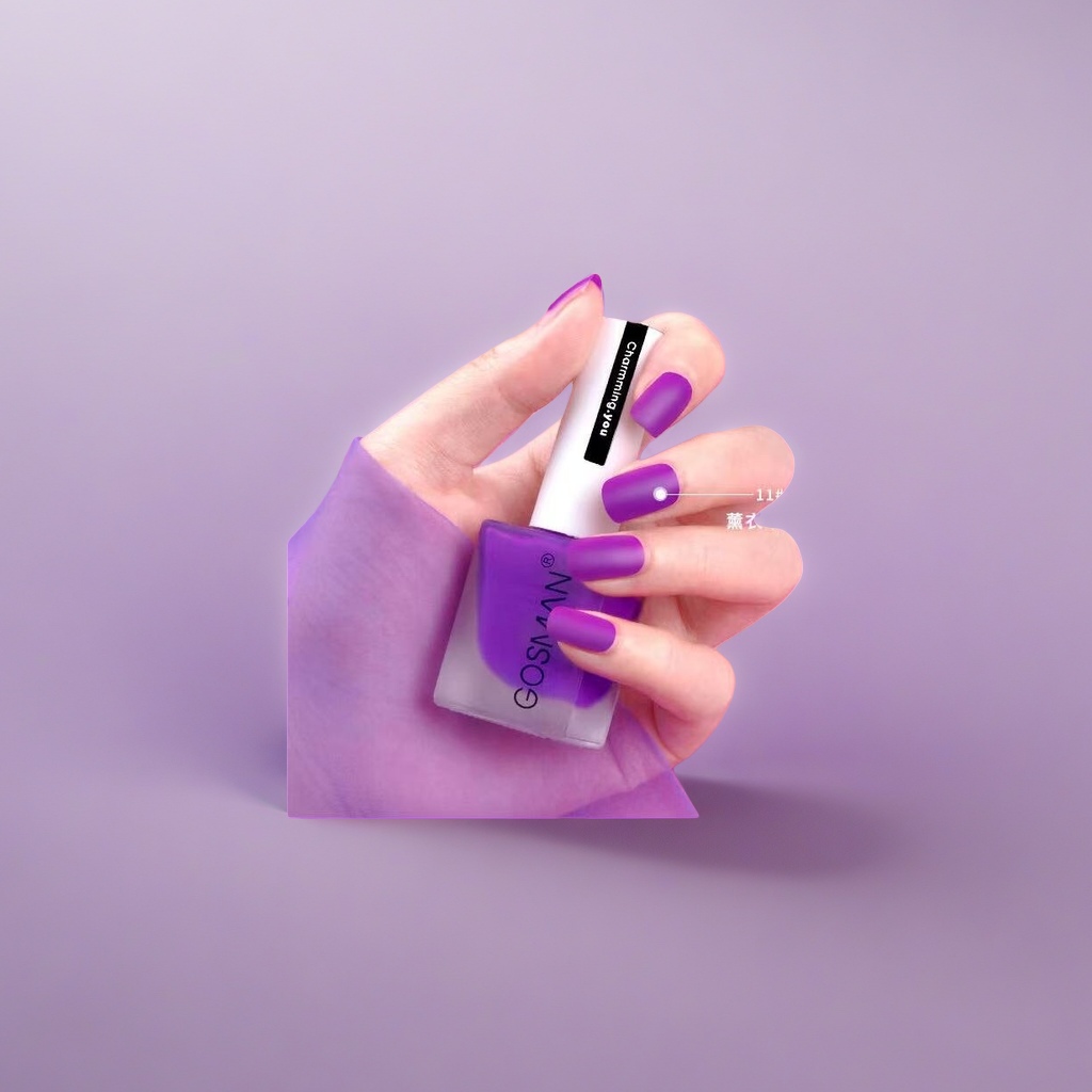 Close-up shot of purple nail polish on the hand, the same whitening nail polish from a big brand Application Scenario