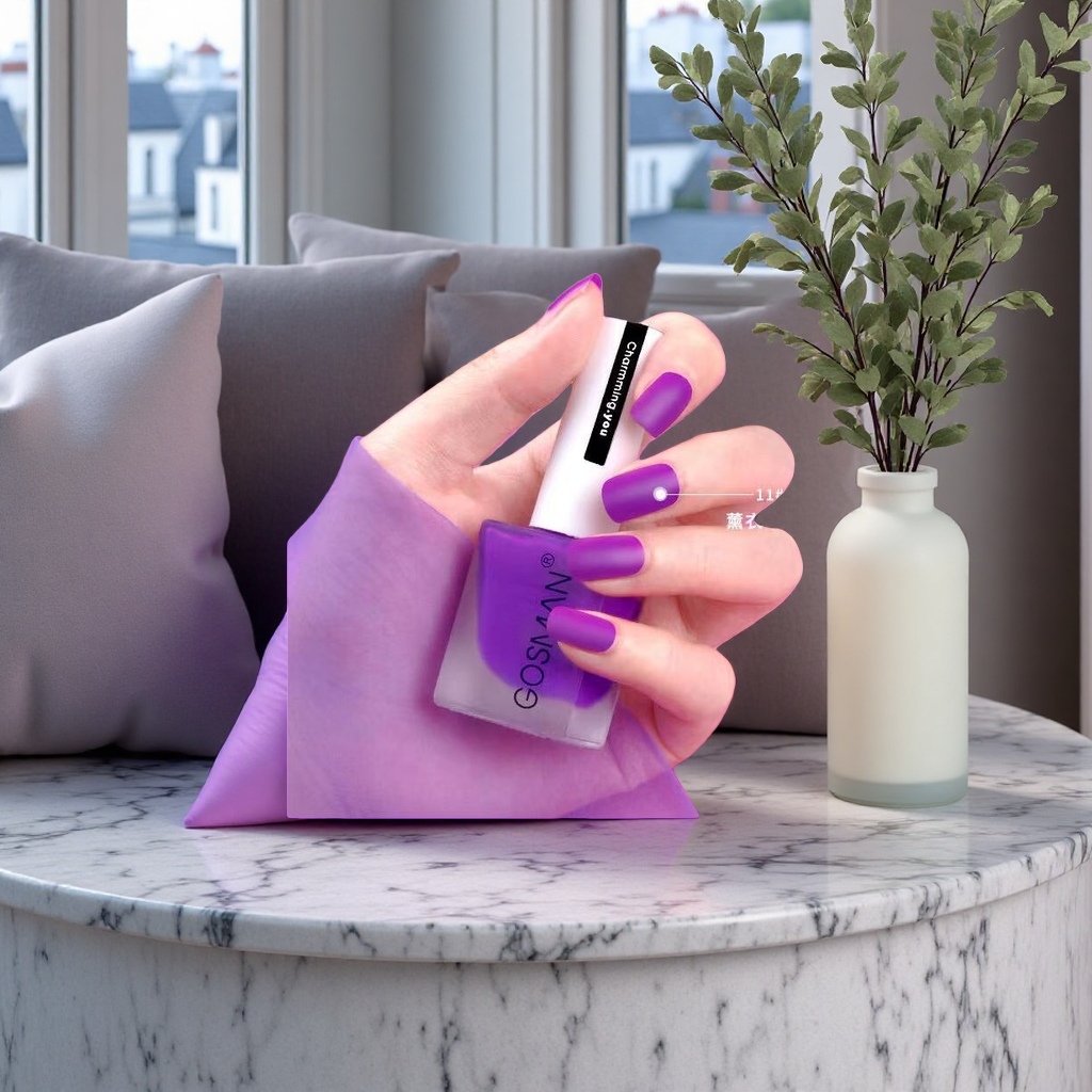 Close-up shot of purple nail polish on the hand, the same whitening nail polish from a big brand Specification image