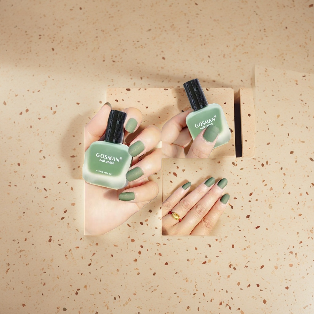 GOSMAN Matcha Green Nail Polish bottle and fingers with nail polish details Picture