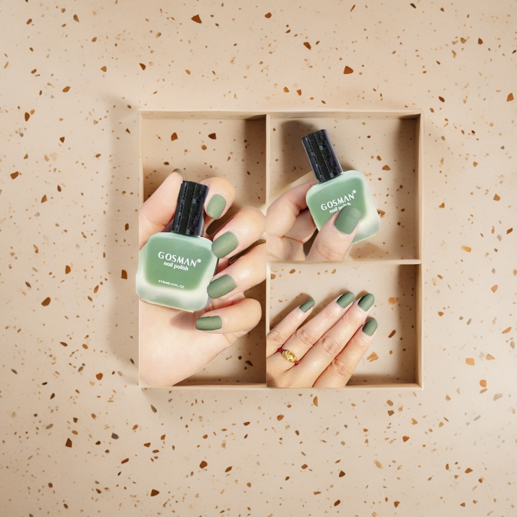 GOSMAN Matcha Green Nail Polish bottle and fingers with nail polish