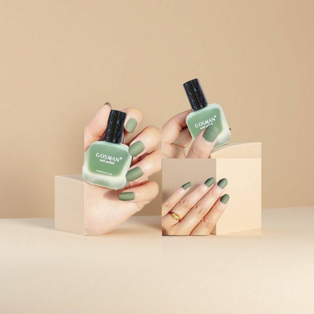 GOSMAN Matcha Green Nail Polish bottle and fingers with nail polish Specification image