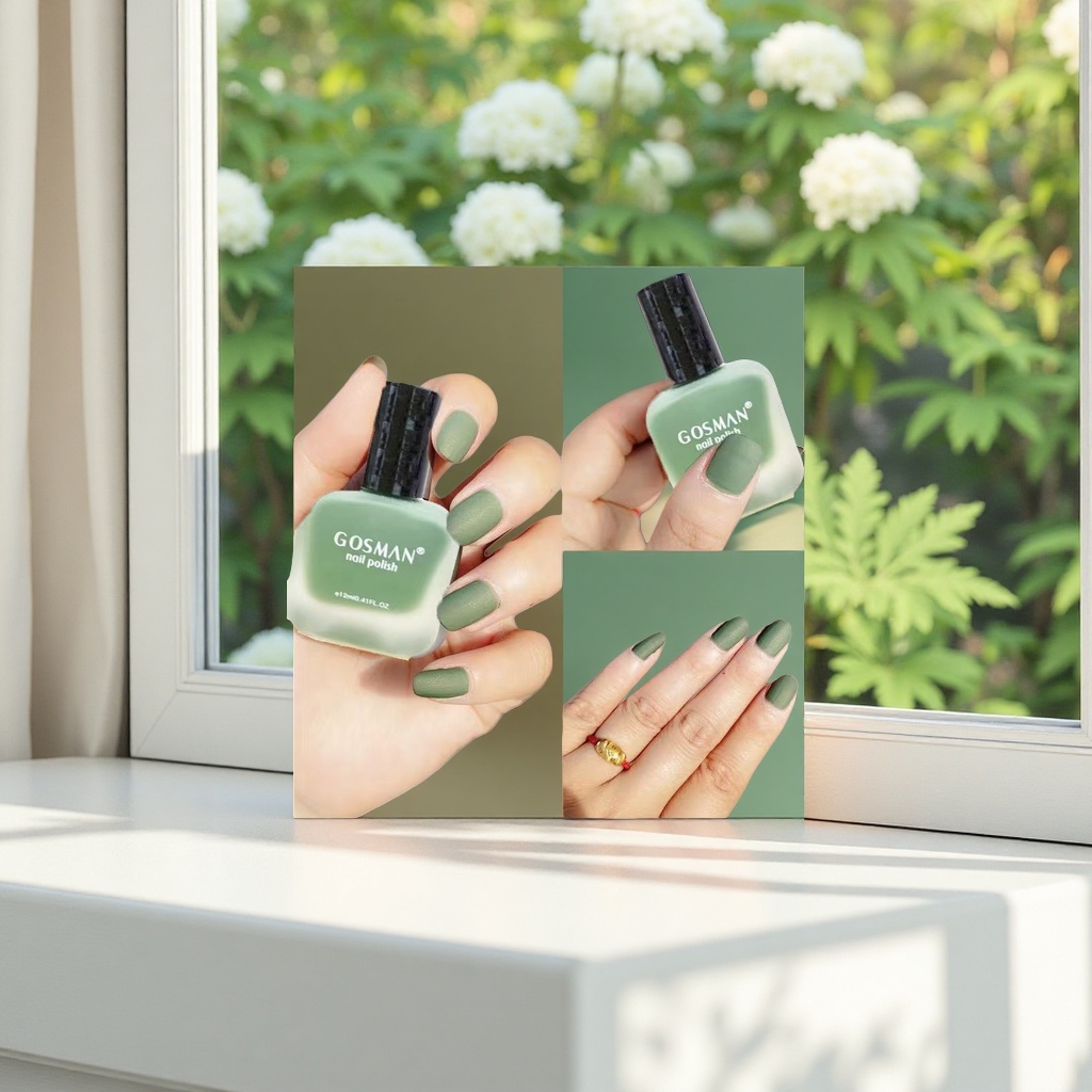 GOSMAN Matcha Green Nail Polish bottle and fingers with nail polish Application Scenario