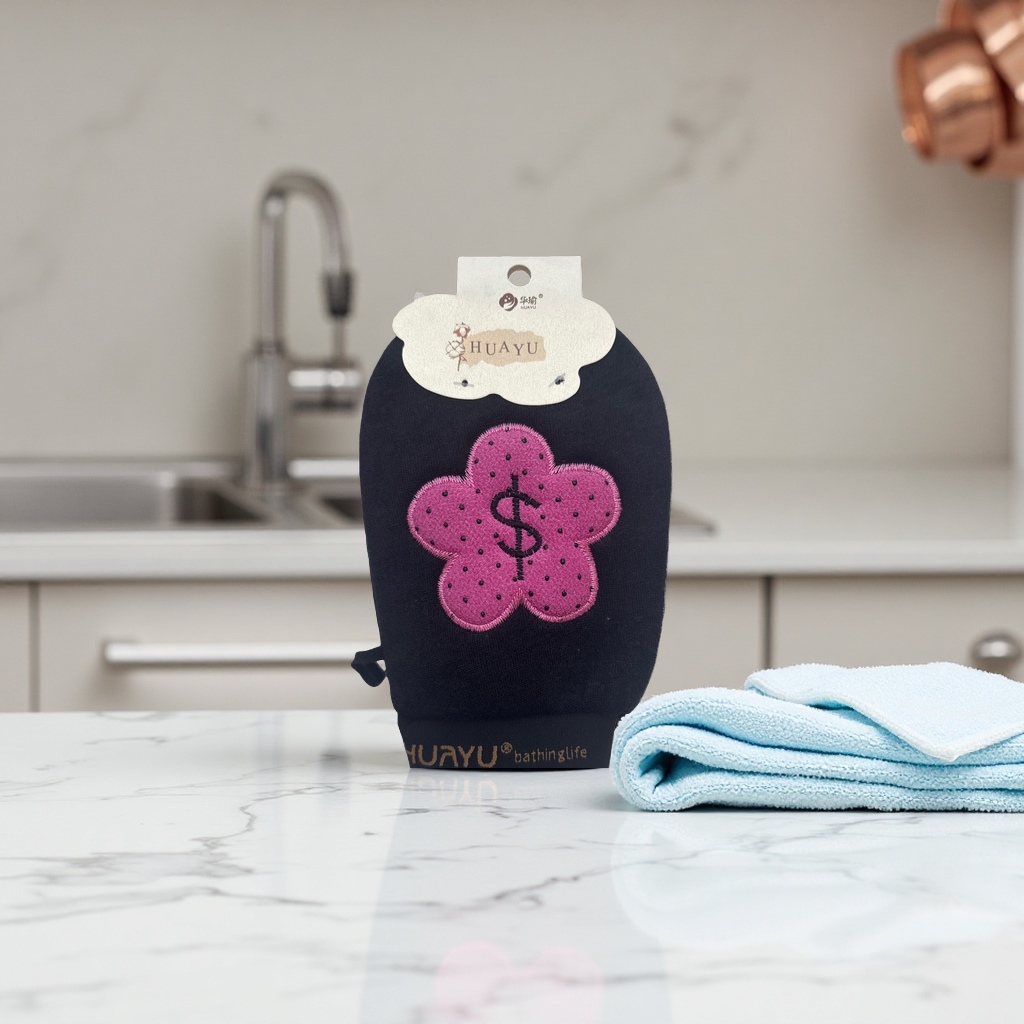 黑色搓澡巾粉色花朵图案去角质清洁沐浴神器