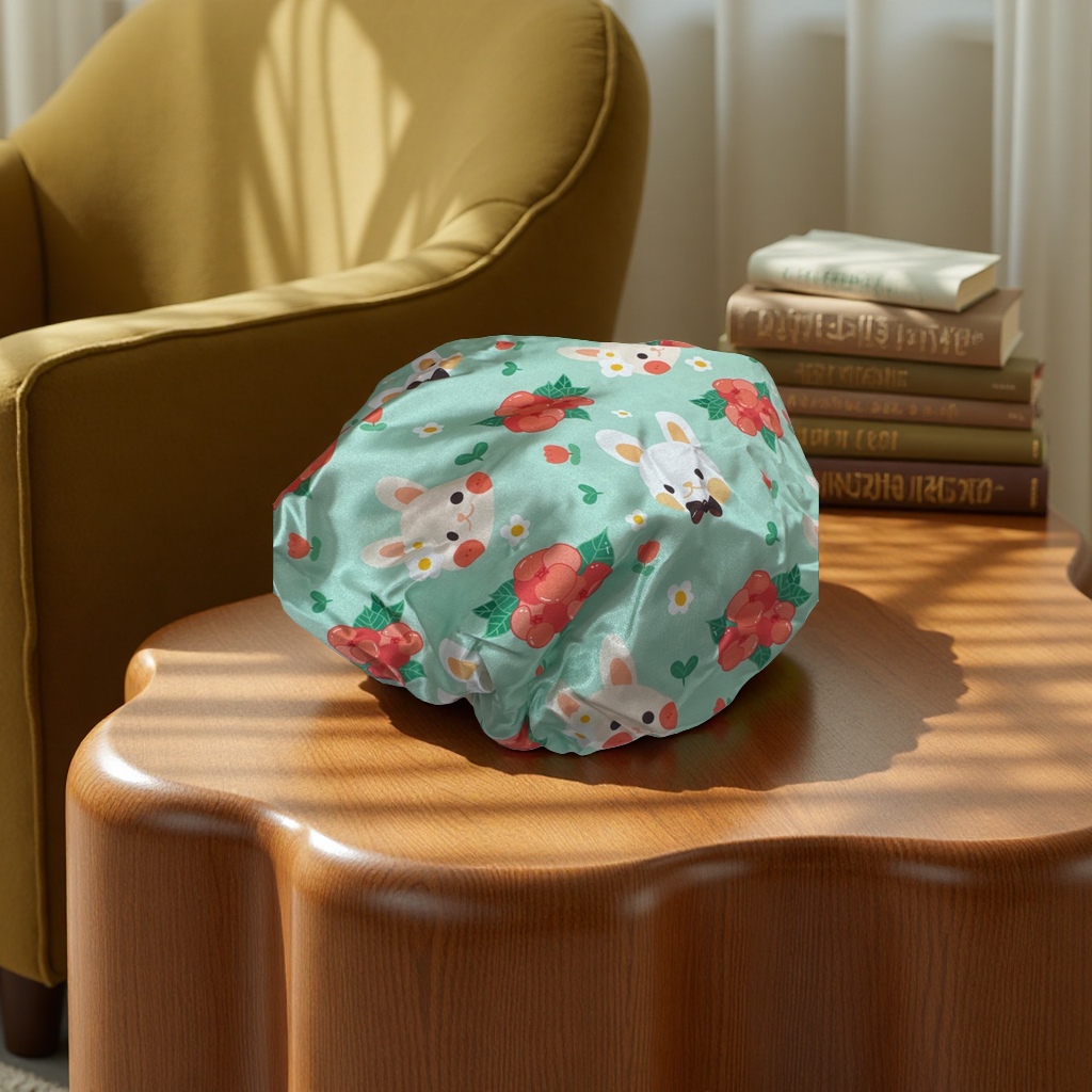 The cartoon rabbit flower pattern shower cap is anti-slip, breathable, soft and comfortable for home and travel use Application Scenario