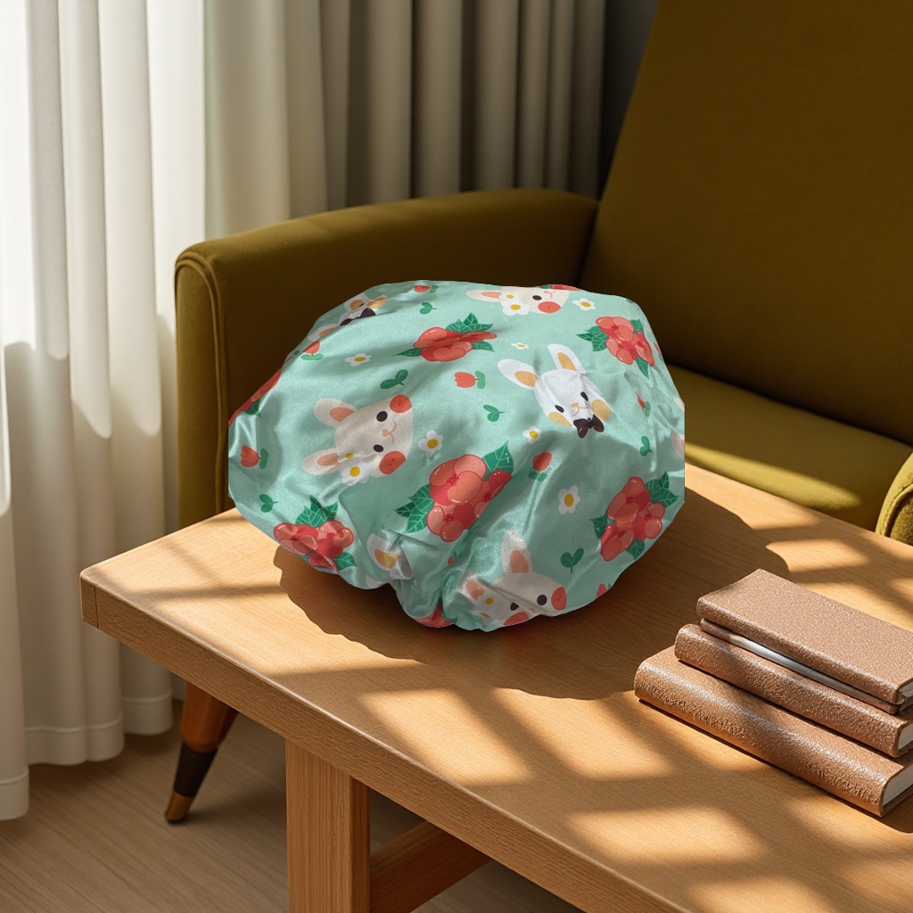 The cartoon rabbit flower pattern shower cap is anti-slip, breathable, soft and comfortable for home and travel use Specification image
