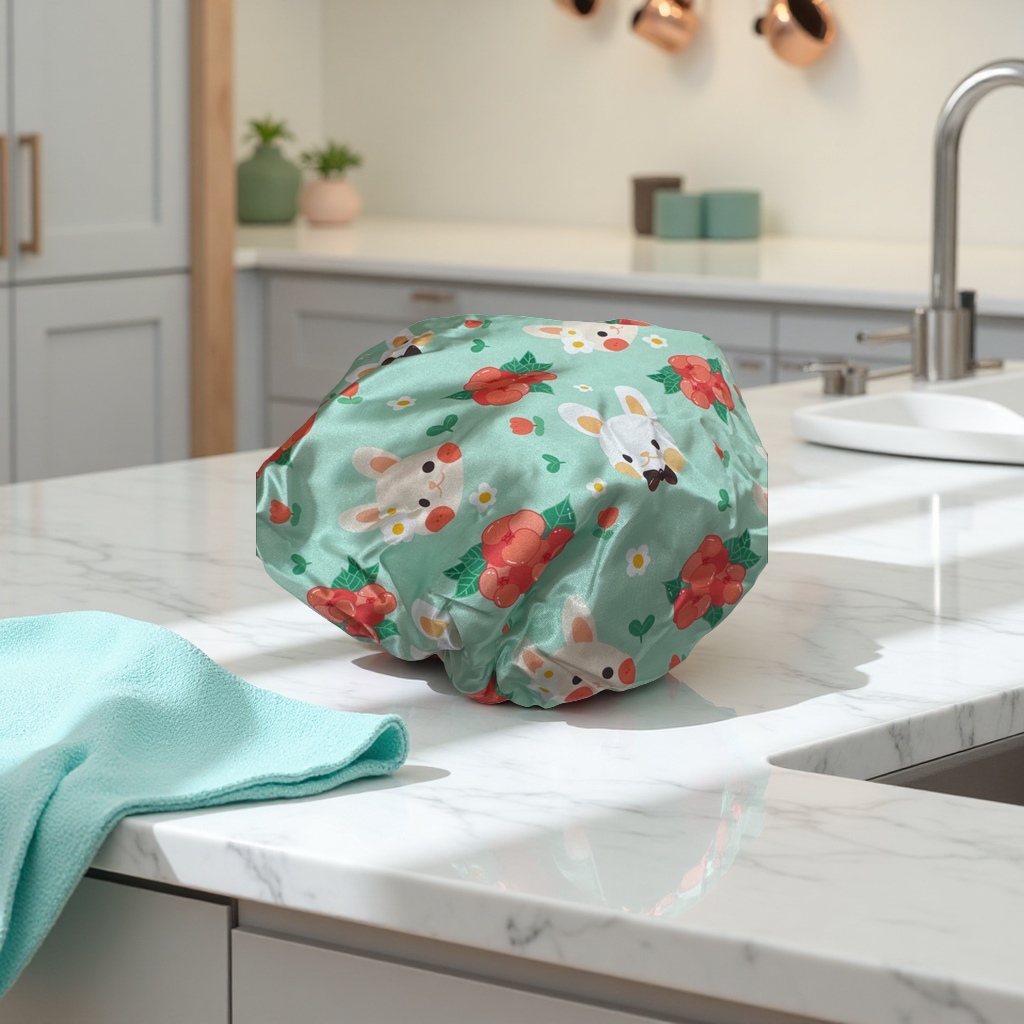 The cartoon rabbit flower pattern shower cap is anti-slip, breathable, soft and comfortable for home and travel use details Picture