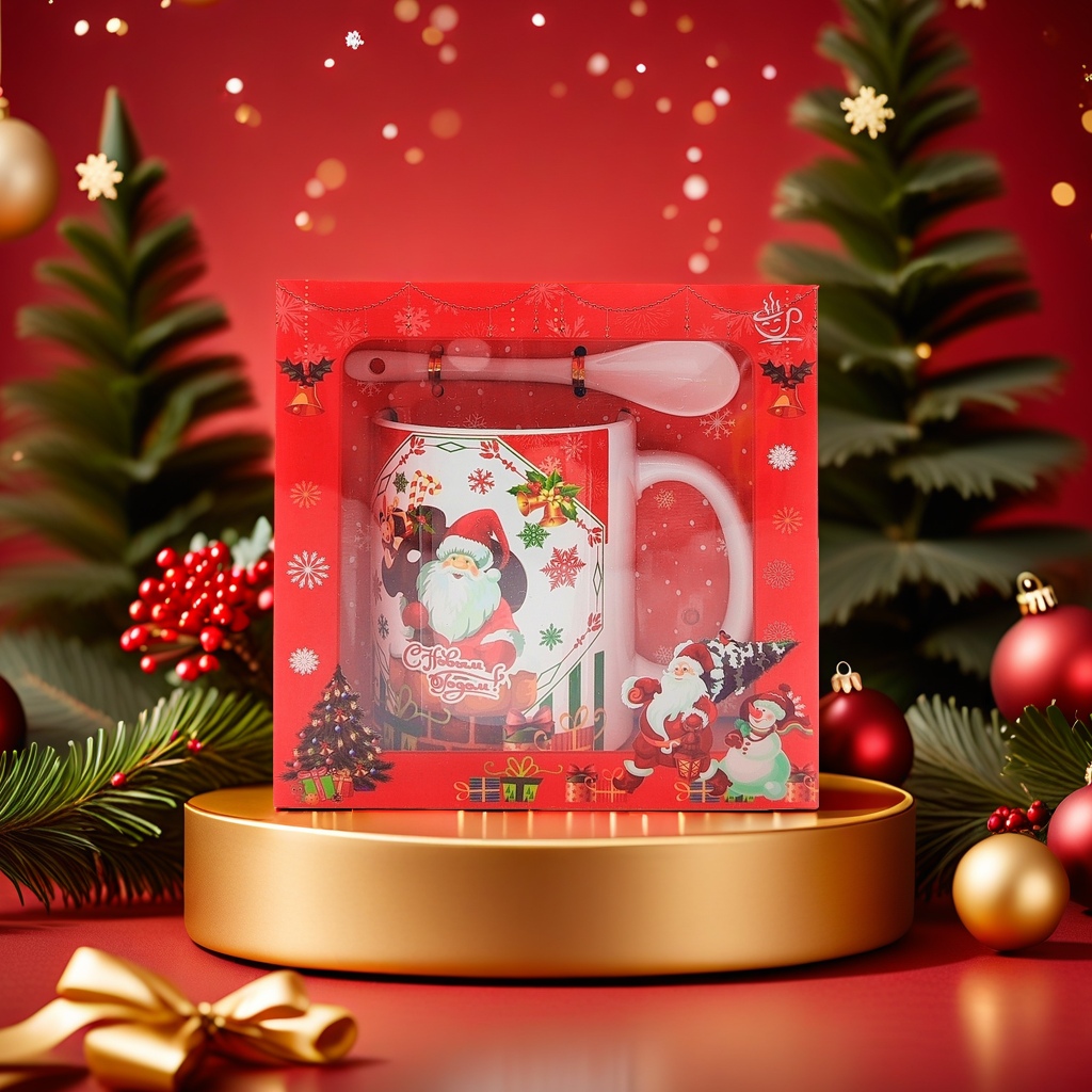 Christmas cup and spoon set gift box containing Santa Claus mugs