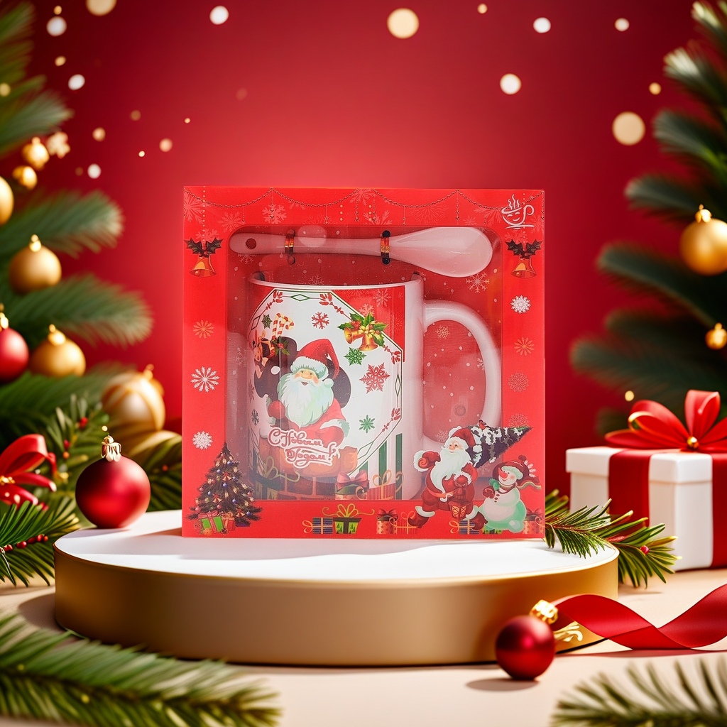 Christmas cup and spoon set gift box containing Santa Claus mugs Specification image