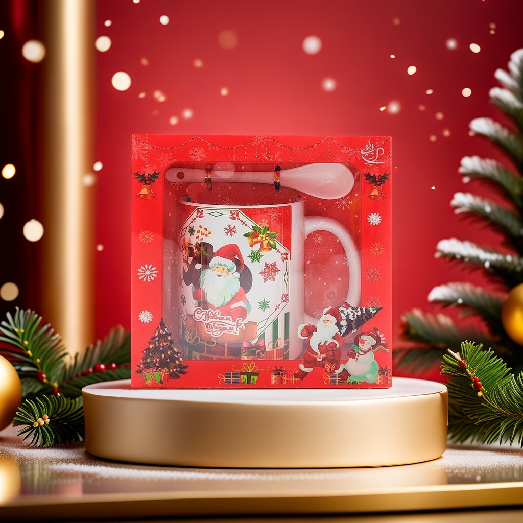 Christmas cup and spoon set gift box containing Santa Claus mugs details Picture