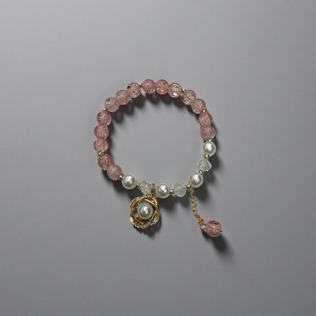 A simple and fashionable gift for girls with a pink crystal imitation pearl bracelet Specification image