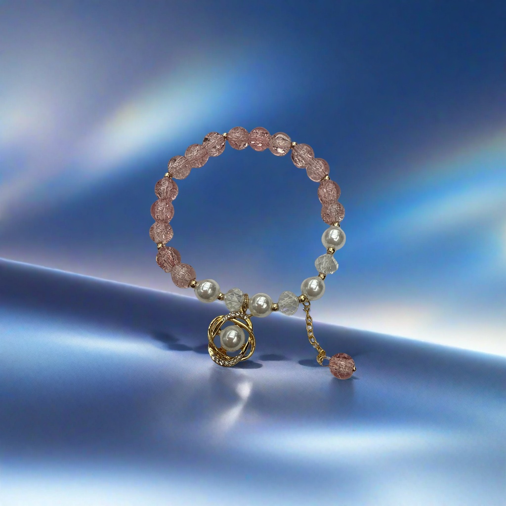 A simple and fashionable gift for girls with a pink crystal imitation pearl bracelet details Picture