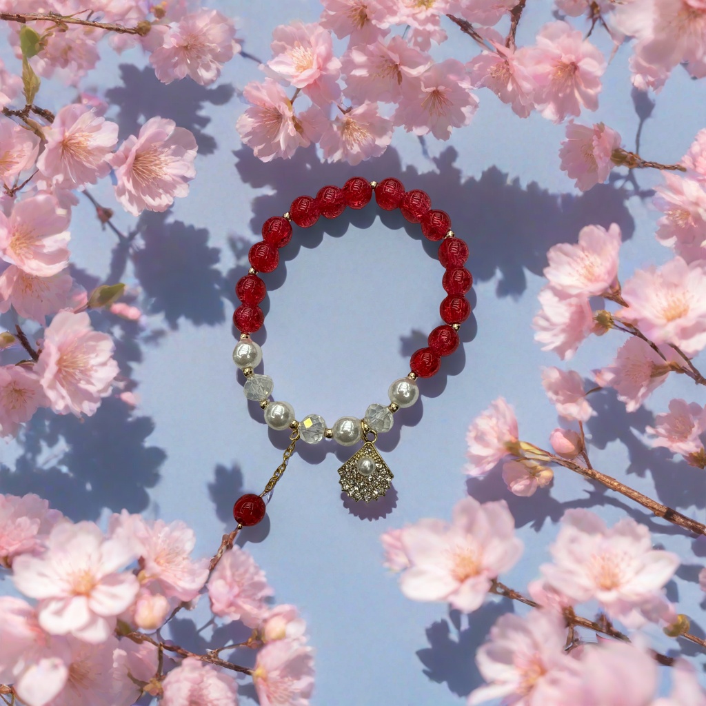 Red flower bead bracelet imitating pearl is a simple and fashionable accessory for girls as a gift