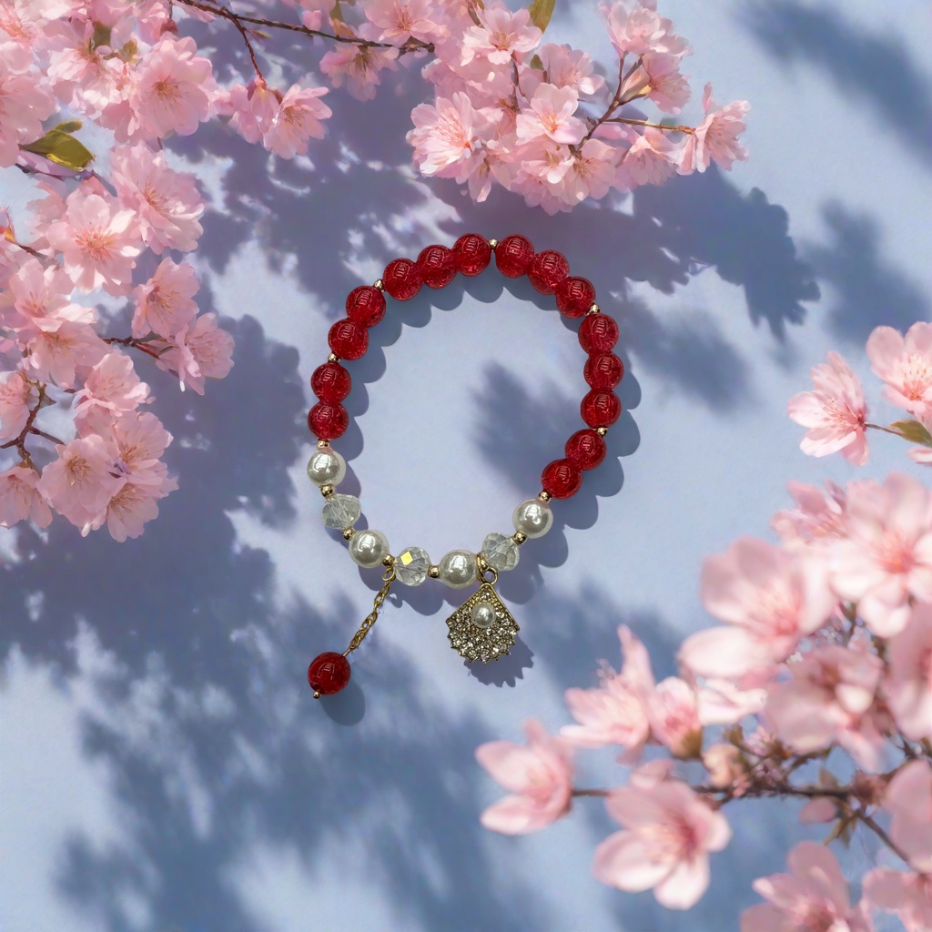 Red flower bead bracelet imitating pearl is a simple and fashionable accessory for girls as a gift details Picture
