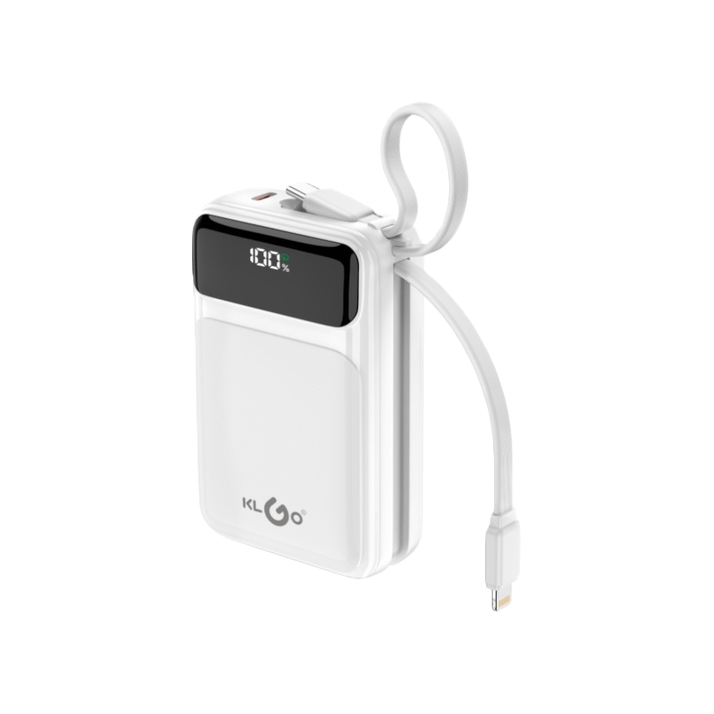 The KLGO portable white power bank comes with a display screen and a connecting cable Item Picture