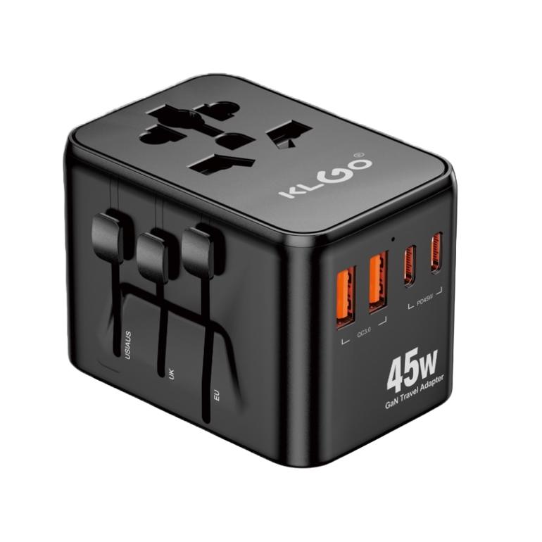 黑色旅行转换插头+KLGO 45W GaN 旅行适配器白底实物图