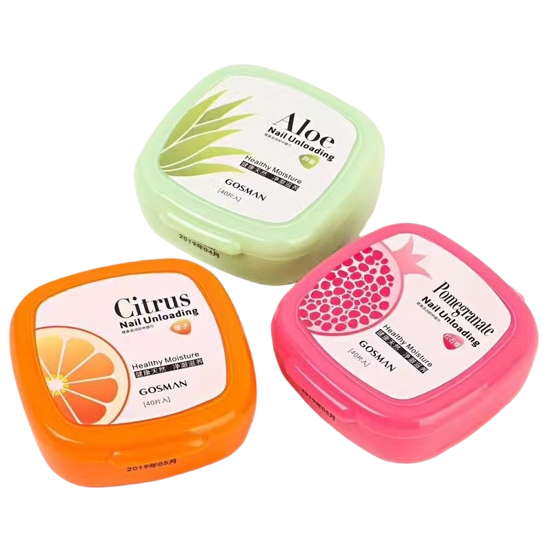 Three different scented nail polish removers: Aloe, citrus and pomegranate, gently remove stains without damaging the nails Item Picture