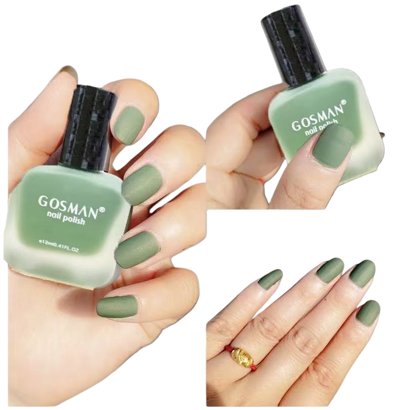 GOSMAN Matcha Green Nail Polish bottle and fingers with nail polish Item Picture