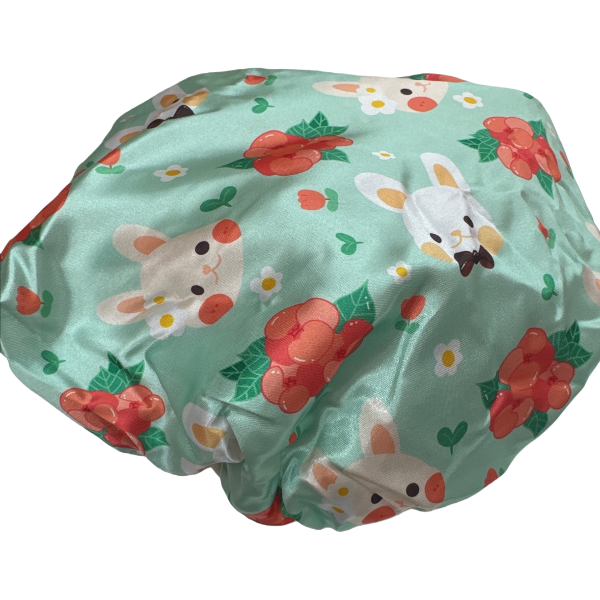 The cartoon rabbit flower pattern shower cap is anti-slip, breathable, soft and comfortable for home and travel use Item Picture