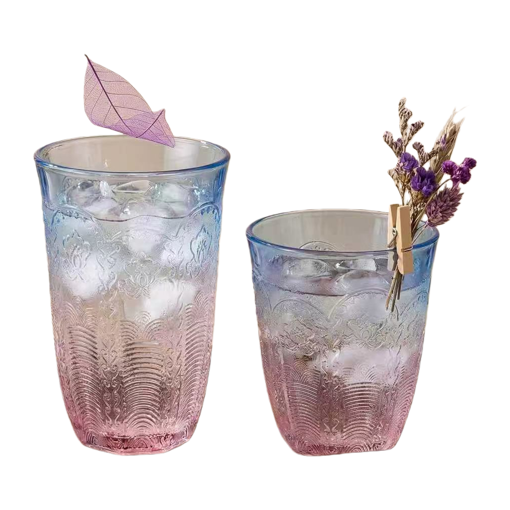 渐变色雕花玻璃杯高颜值水杯家用装饰杯简约ins风210053421白底实物图