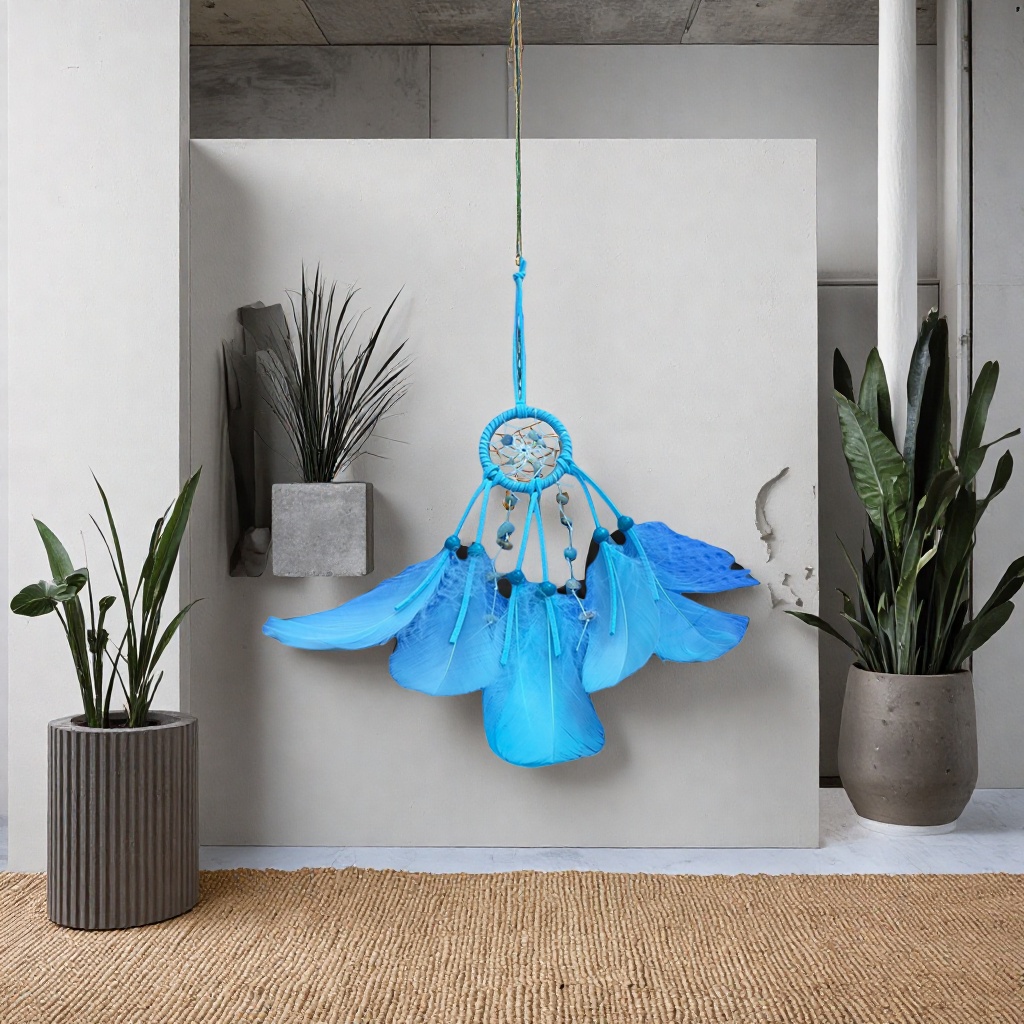 Blue feather dreamcatcher, dreamy sleep decoration, home decor, room decoration details Picture