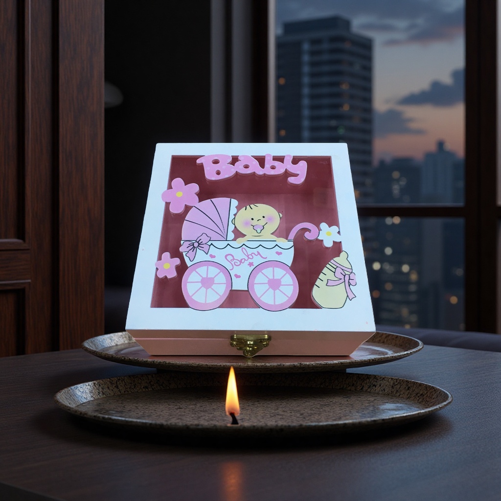 粉色婴儿主题木盒礼盒装 送 baby 新生儿礼物盒 宝宝用品收纳盒木质礼盒木质礼盒
