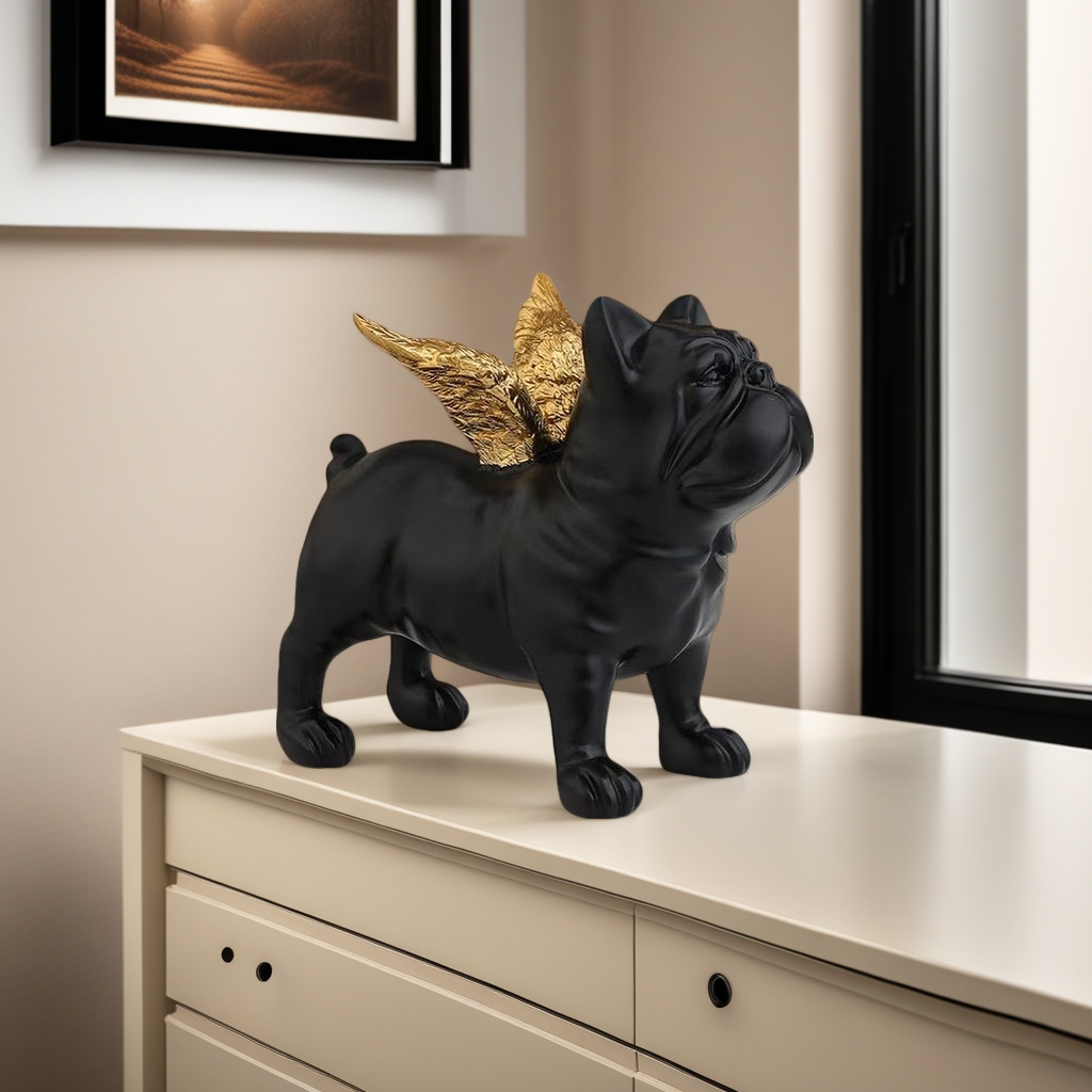 Black angel dog figurine, a black bulldog-shaped figurine with golden wings Application Scenario