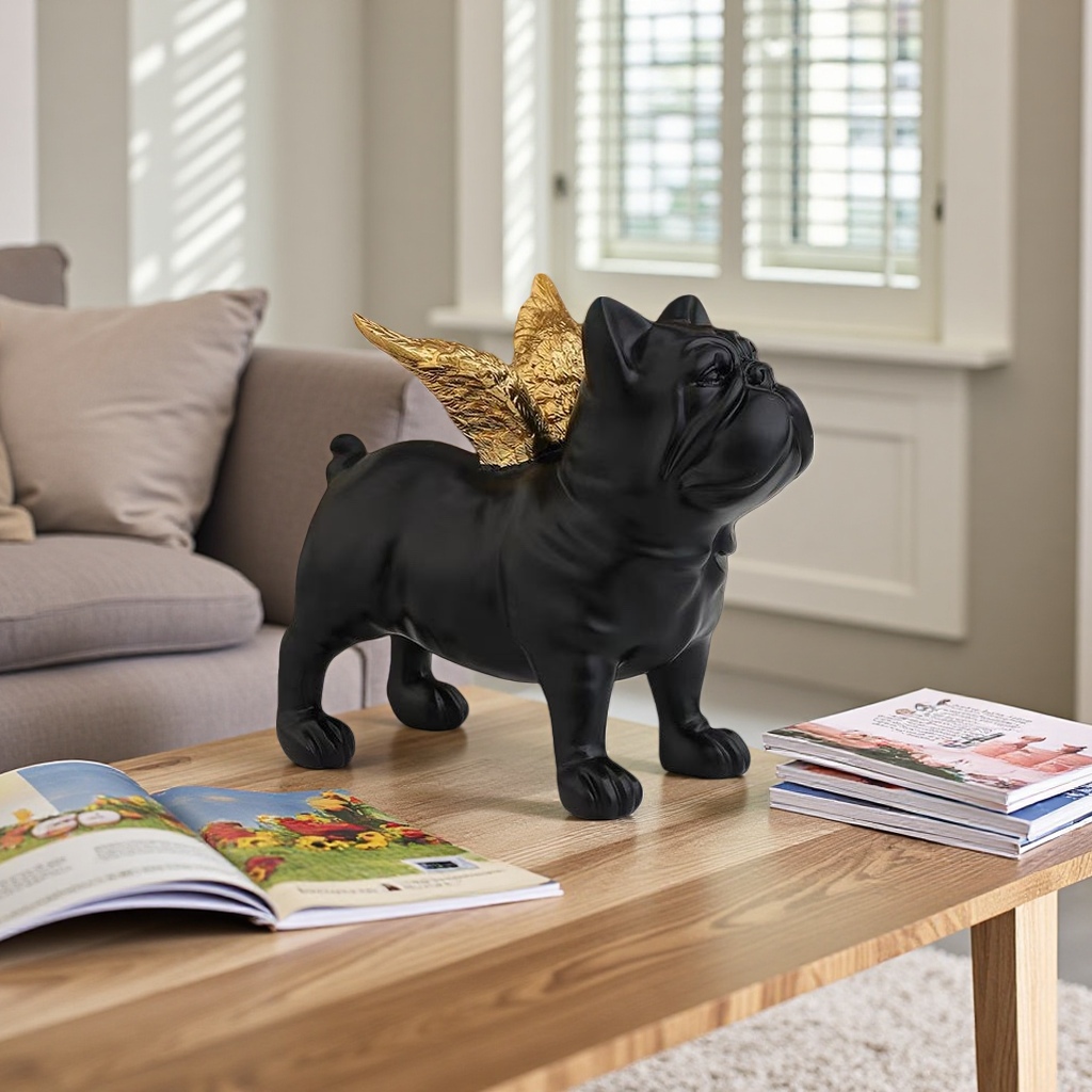 Black angel dog figurine, a black bulldog-shaped figurine with golden wings