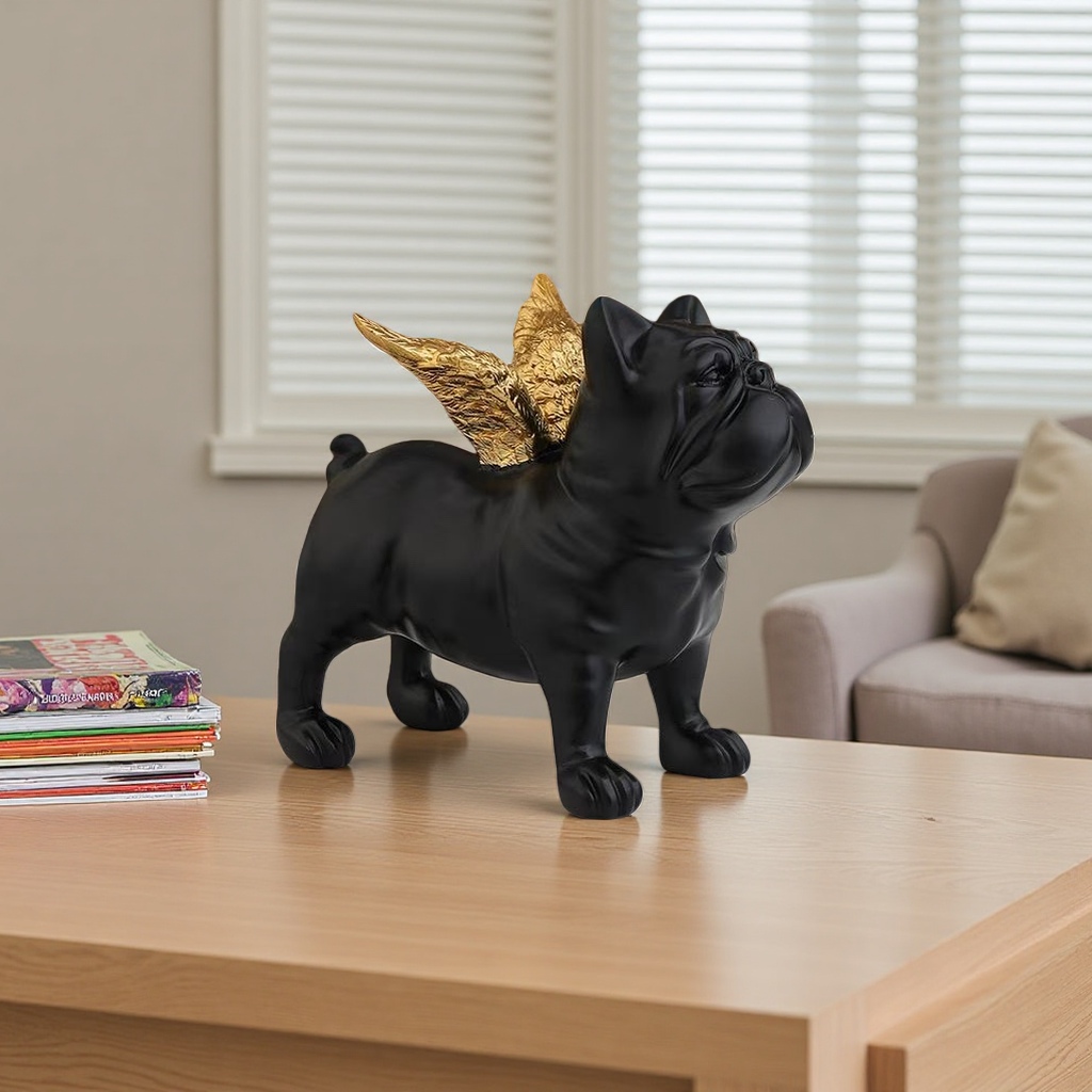 Black angel dog figurine, a black bulldog-shaped figurine with golden wings details Picture