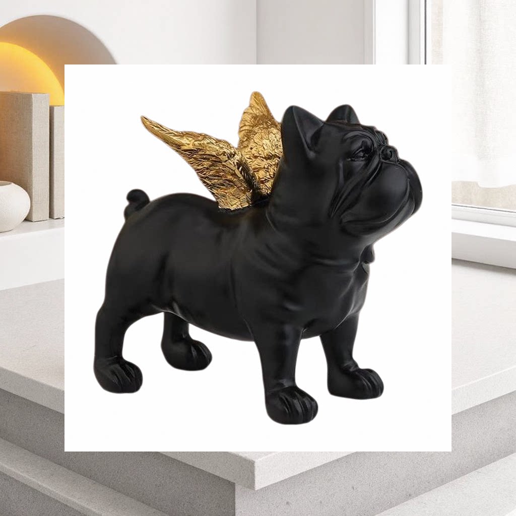 Black angel dog figurine, a black bulldog-shaped figurine with golden wings Specification image