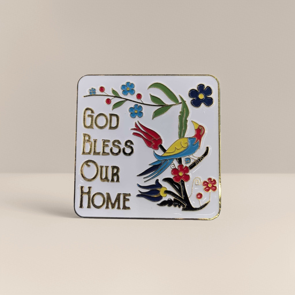 Square ceramic decorative painting, colorful bird and flower pattern fridge magnet, GOD BLESS OUR HOME, golden words 153745510 Application Scenario