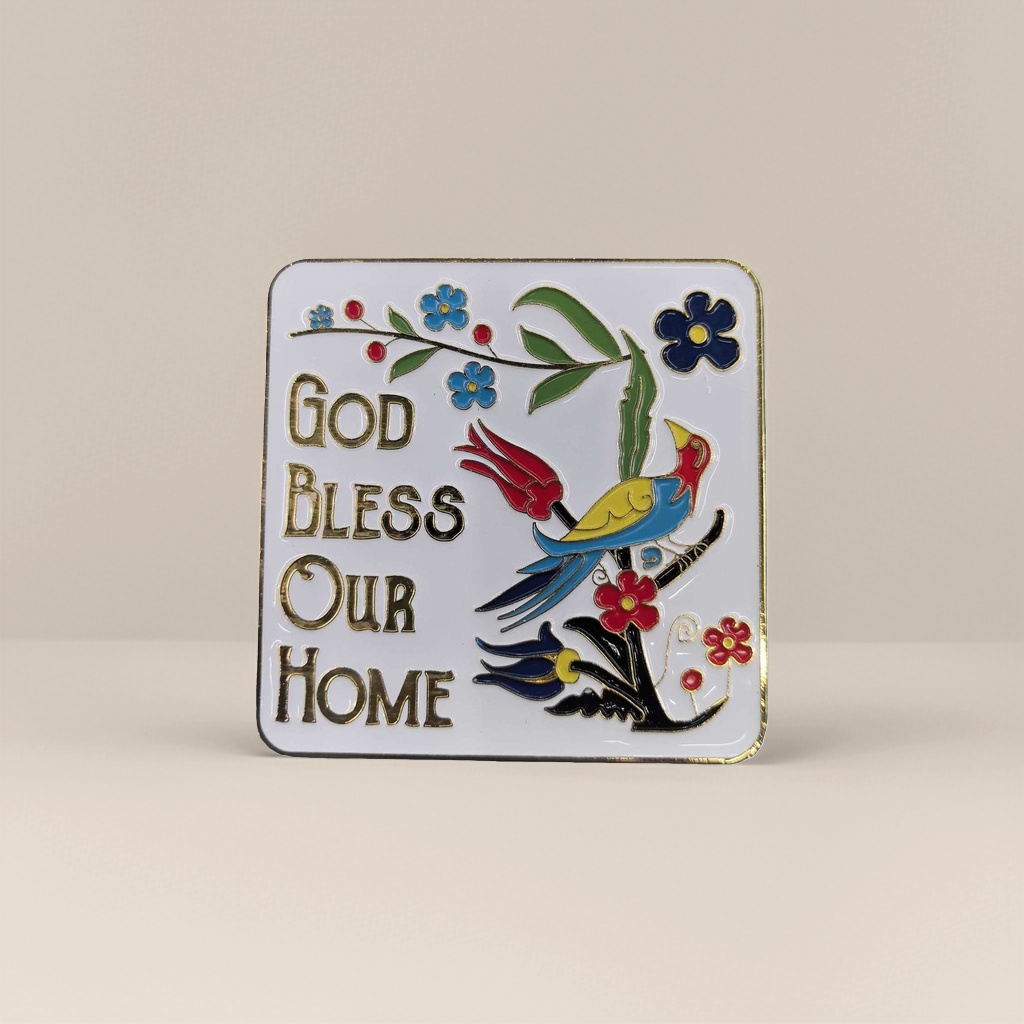 Square ceramic decorative painting, colorful bird and flower pattern fridge magnet, GOD BLESS OUR HOME, golden words 153745510 details Picture