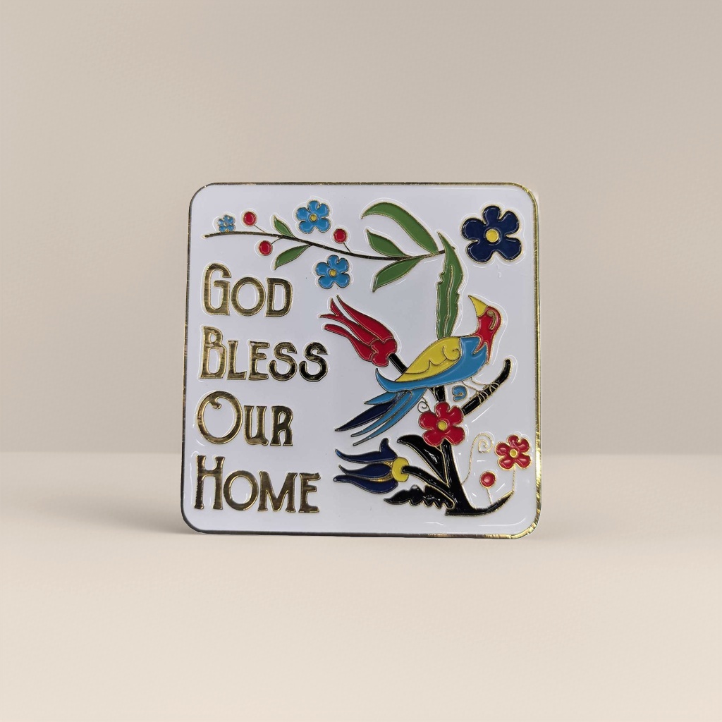 Square ceramic decorative painting, colorful bird and flower pattern fridge magnet, GOD BLESS OUR HOME, golden words 153745510 Item Picture