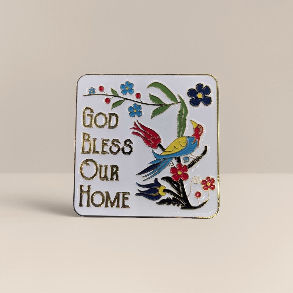 Square ceramic decorative painting, colorful bird and flower pattern fridge magnet, GOD BLESS OUR HOME, golden words 153745510 Specification image