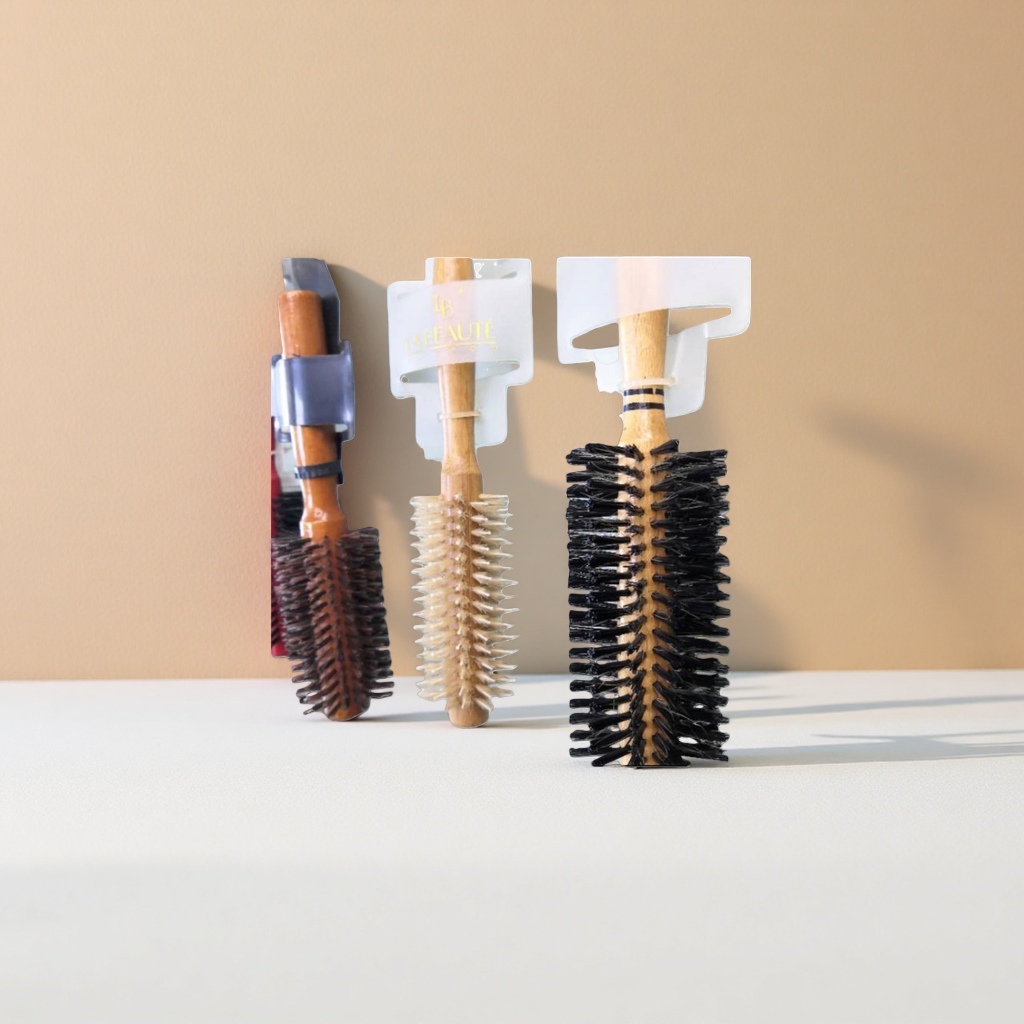 Wooden handle, round comb, black bristles, light-colored bristles, hanging to show curly hair comb