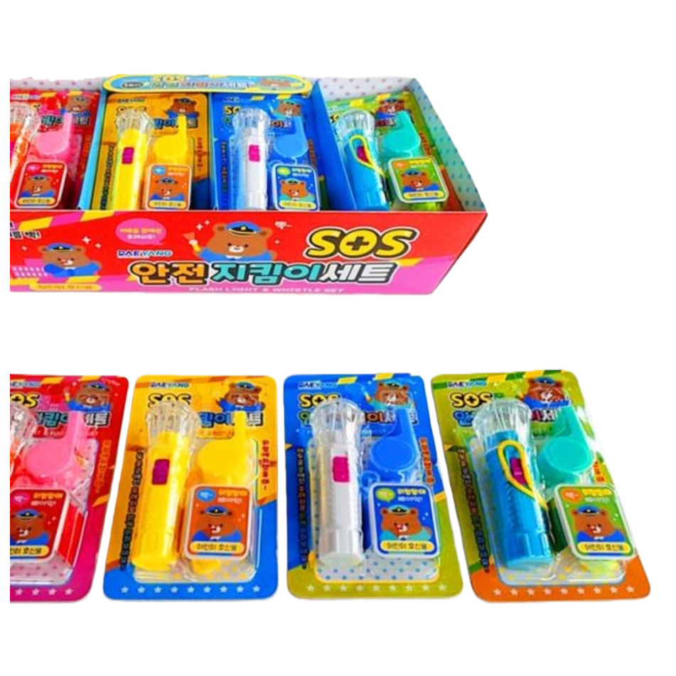彩色儿童安全手电筒+哨子套装，主体：SOS安全手电筒与哨子组合玩具白底实物图